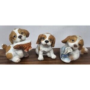 Vintage HOMCO #1405/1407 Spaniel Puppies Chewing Shoes Figurines Set Of 3 Taiwan